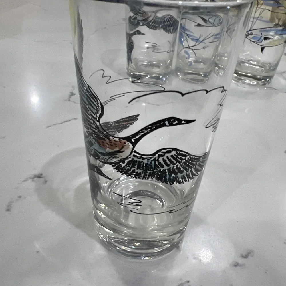 Vintage 1960s Cocktail Tumblers Geese/Fish MCM Retro Glasses Retro Barware